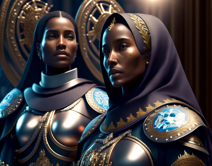 Futuristic armor and hijab blend in ornate golden backgrounds