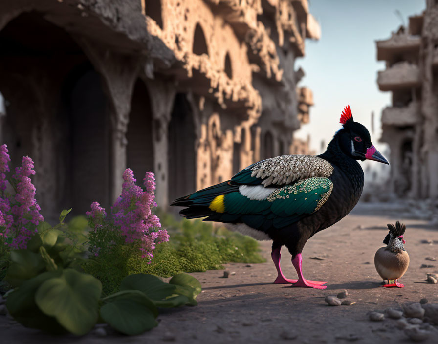 Colorful oversized bird with pink legs in ruins with small bird and purple flowers