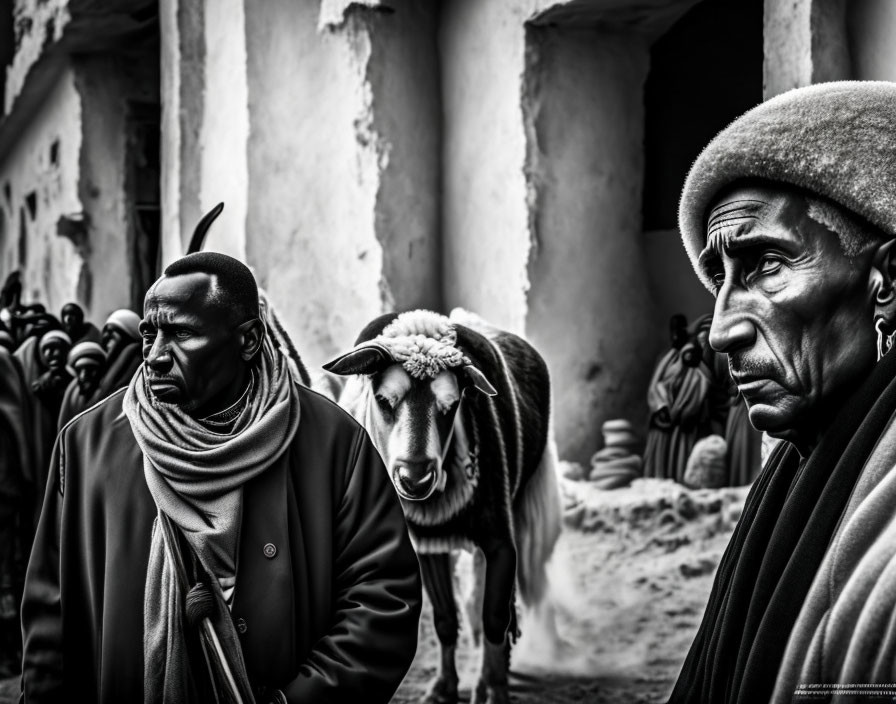 Traditional Attire Men Walking with Sheep in Rustic Setting