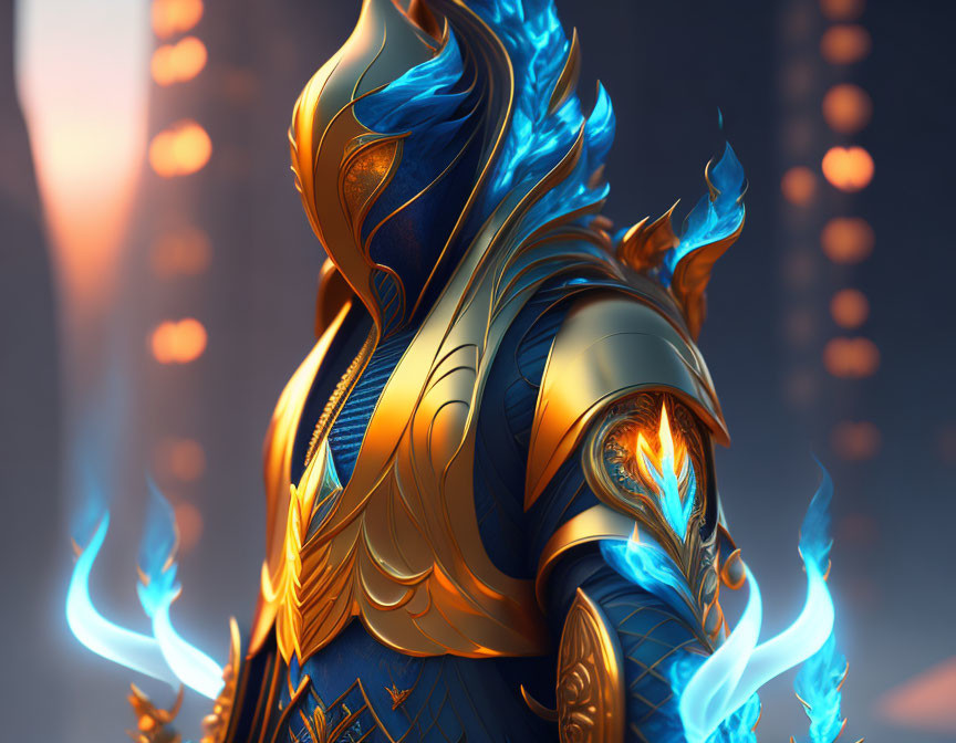 Majestic figure in gold and blue armor with fiery blue flames.