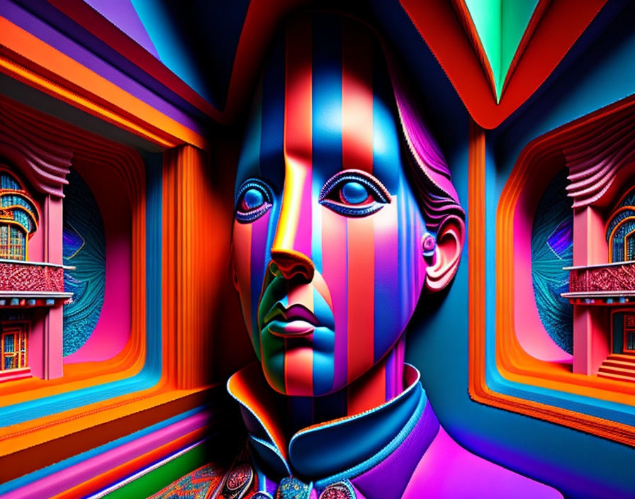 Colorful profile face in surreal architecture with swirling patterns