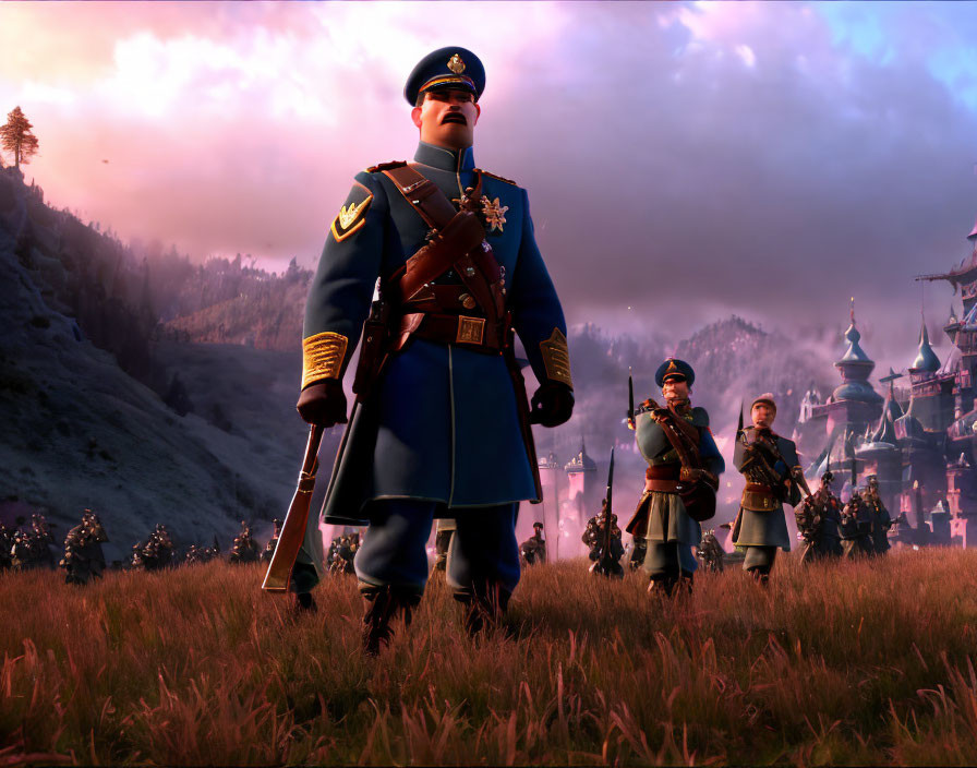 Animated military characters in ceremonial uniforms with fantastical castle at sunset