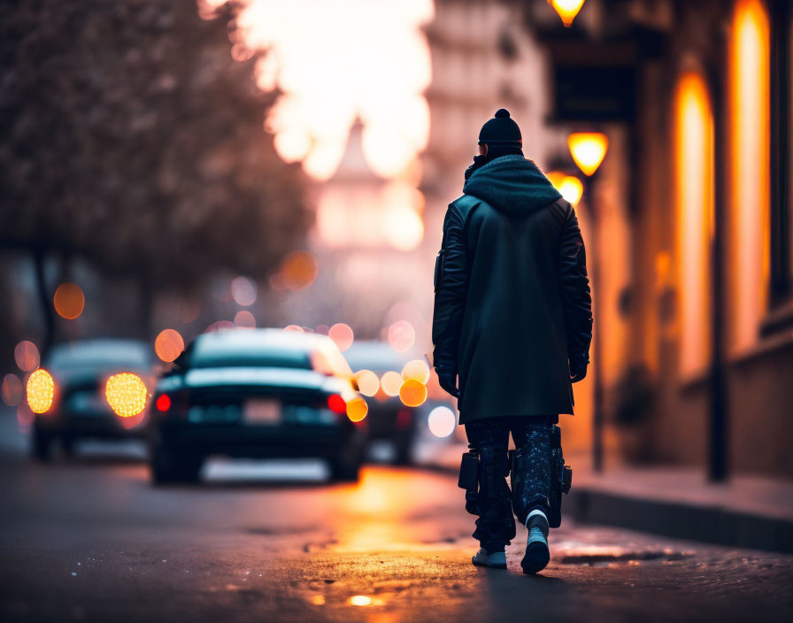 City street scene with person in coat and beanie at twilight