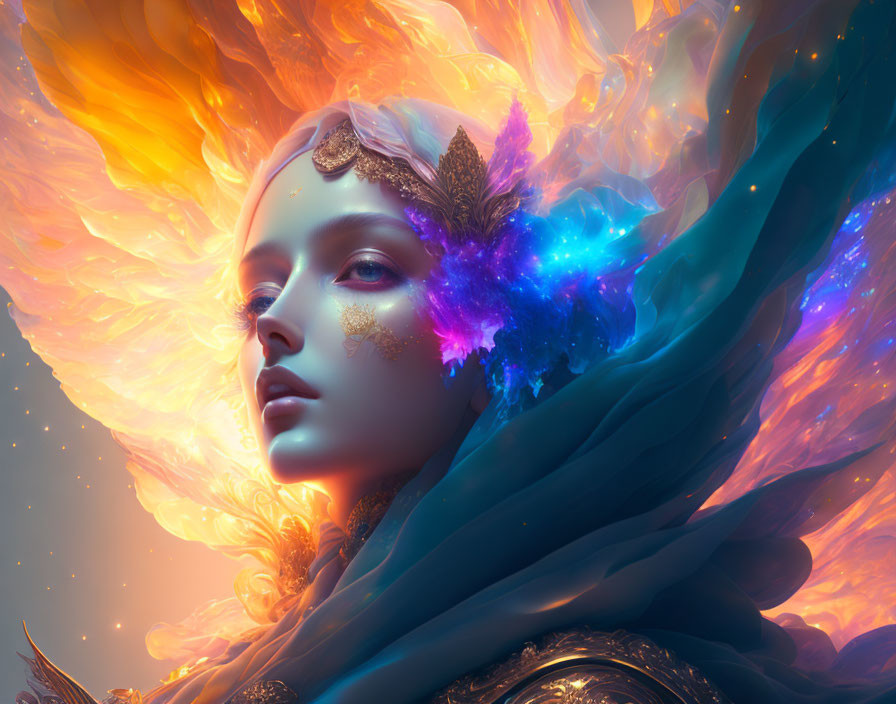 Vibrant surreal portrait of a woman with cosmic cloak & intricate headpiece