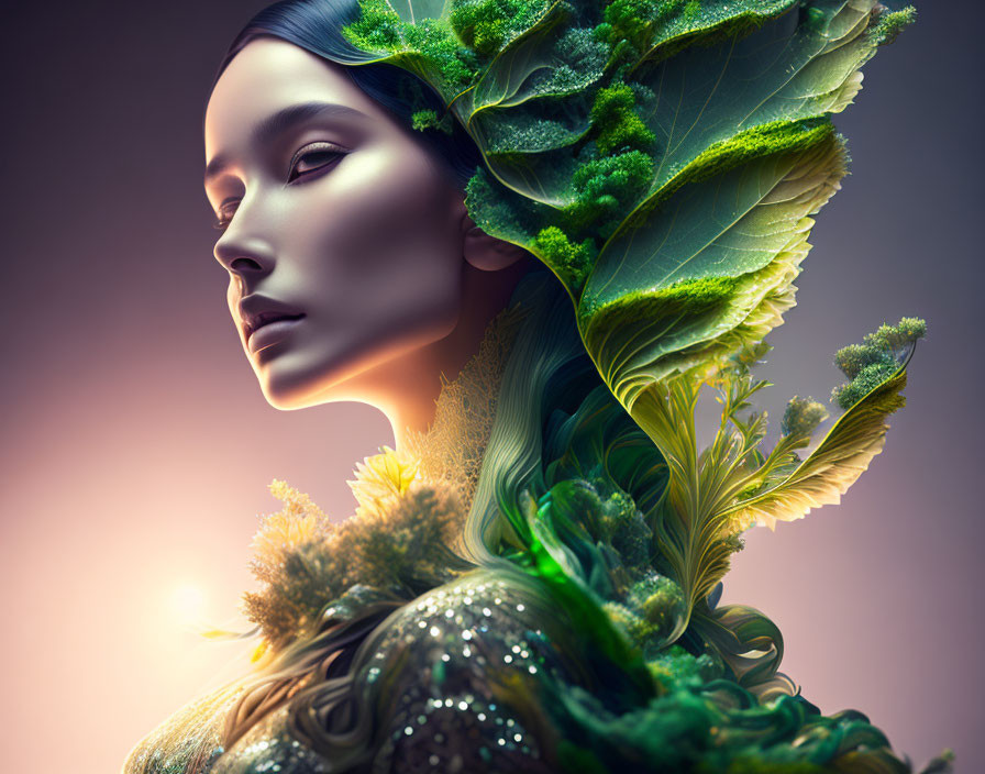 Surreal image: Woman with plant-like hair in mystical atmosphere