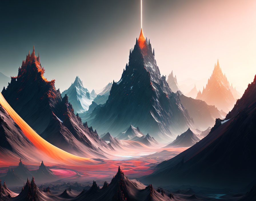 Surreal landscape with towering spiky mountains and glowing peak