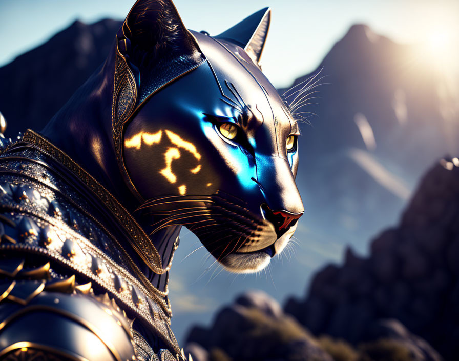 Black Panther Character in Metal Armor with Blue Eyes in Mountainous Setting