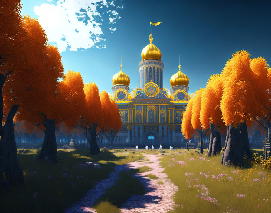 Vibrant landscape with grand cathedral and golden domes amid orange trees