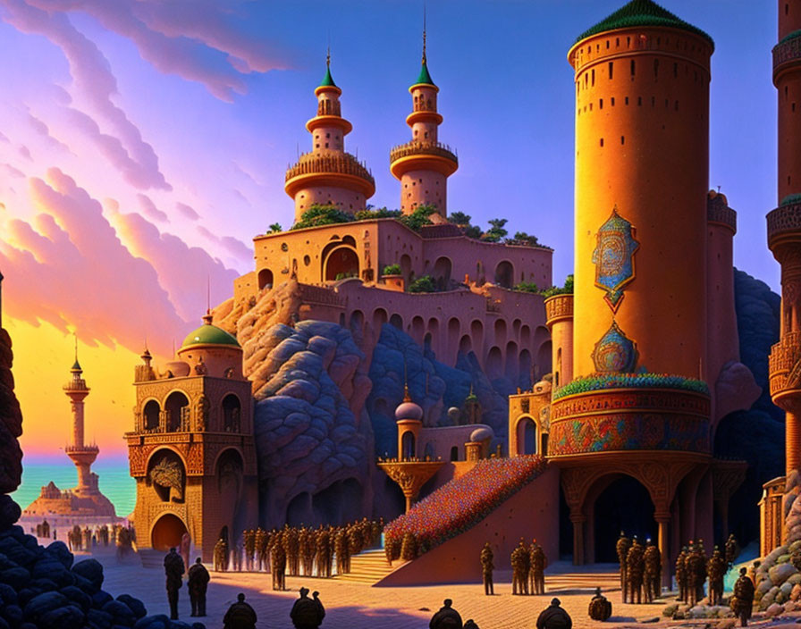 Illustrated majestic palace with ornate towers and soldiers in formation against sunset sky