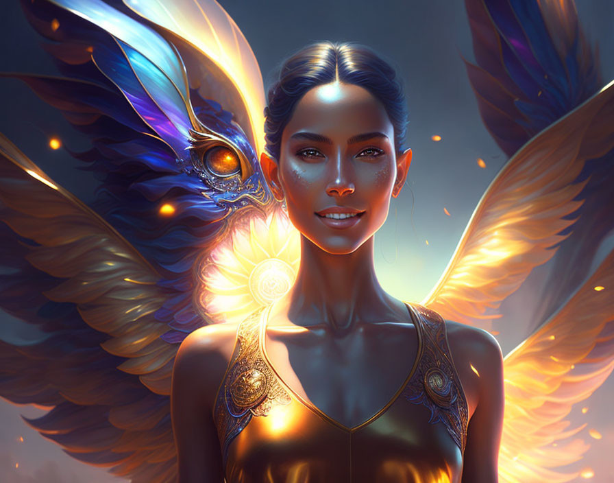 Mythical bird-inspired woman with golden skin and multicolored wings