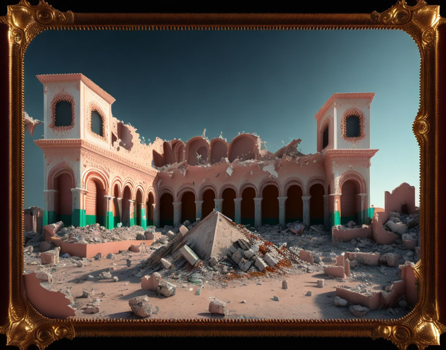 Pink-Toned Classical Building in Decayed Grandeur Frame