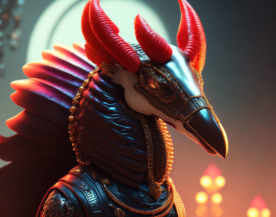 Colorful creature with bird-like mechanical head and red horns on warm background