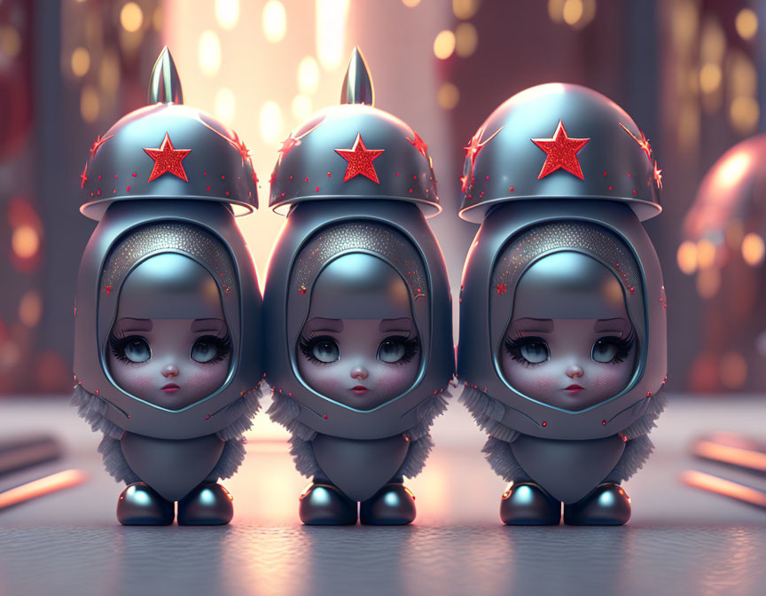 Silver helmeted doll-like figures in a row with red stars, set in a warm, dreamy