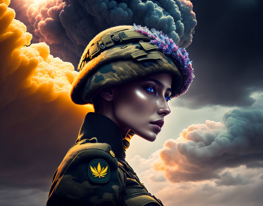 Woman in military helmet with flowers against dramatic sky