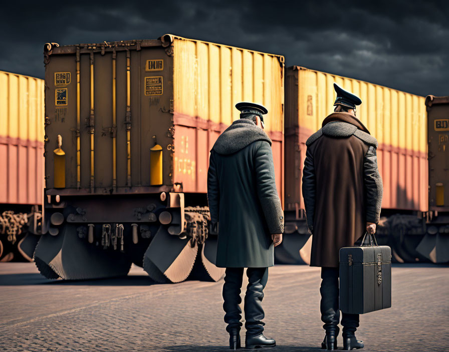 Two people in military-style uniforms with briefcases by freight train cars under dramatic sky