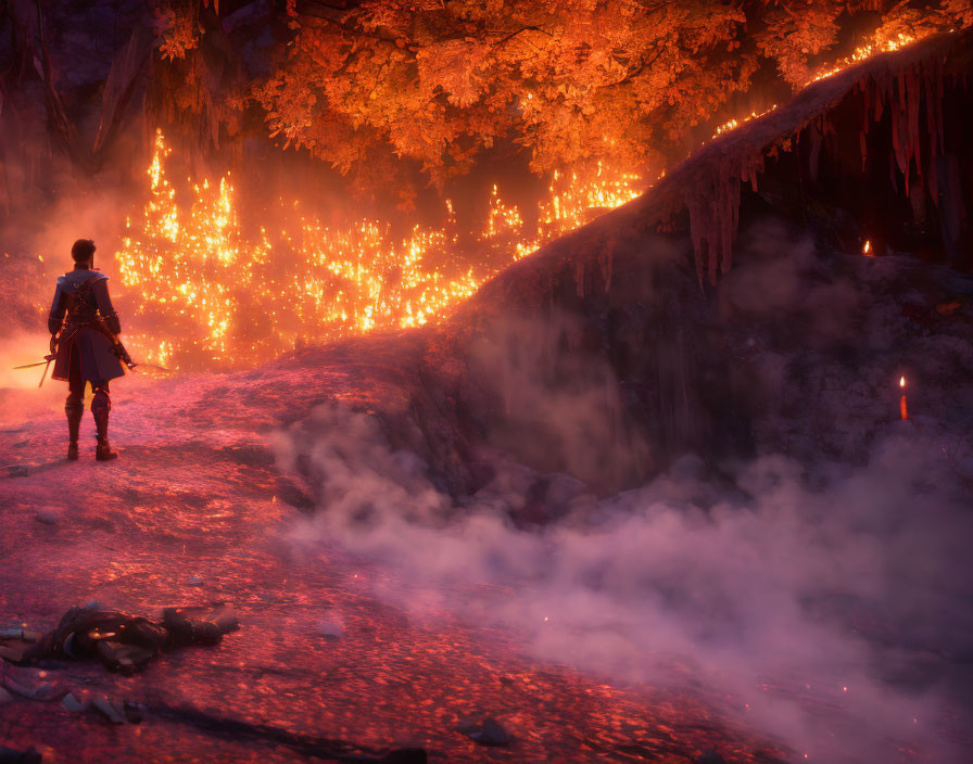 Warrior in Fiery Forest with Fallen Combatant