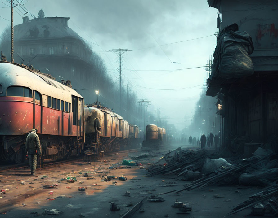 Derelict trains, crumbling buildings, and eerie landscape in post-apocalyptic scene