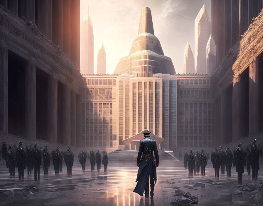 Uniformed figure and troops in futuristic cityscape at sunrise