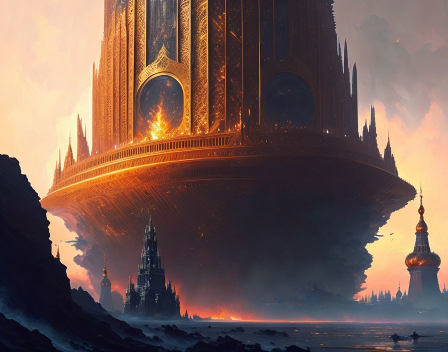 Futuristic floating city with Gothic architecture at twilight