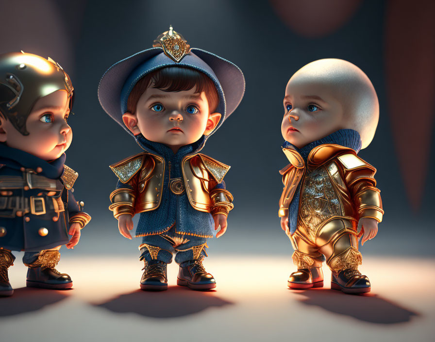 Animated babies in medieval knight, royal, and warrior attire against dramatic backdrop