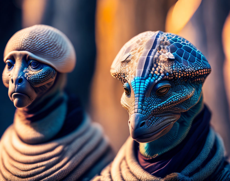 Blue textured skin humanoid reptilian creatures in warm light