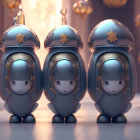 Silver helmeted doll-like figures in a row with red stars, set in a warm, dreamy