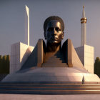 Monumental structure with large sculpted head in digital rendering