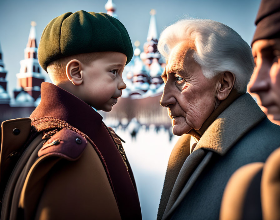 Young boy in military uniform gazes at elderly man with white hair amid historic buildings