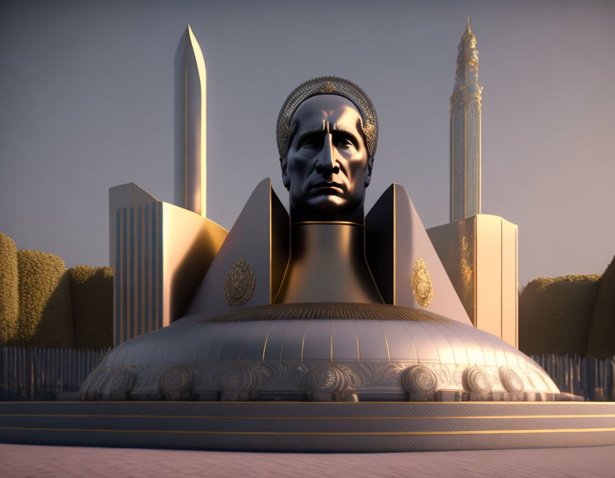 Monumental structure with large sculpted head in digital rendering