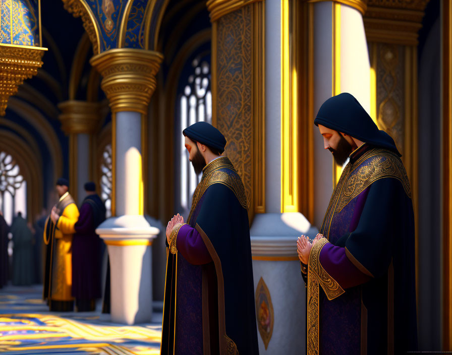 Three figures praying in golden-domed cathedral