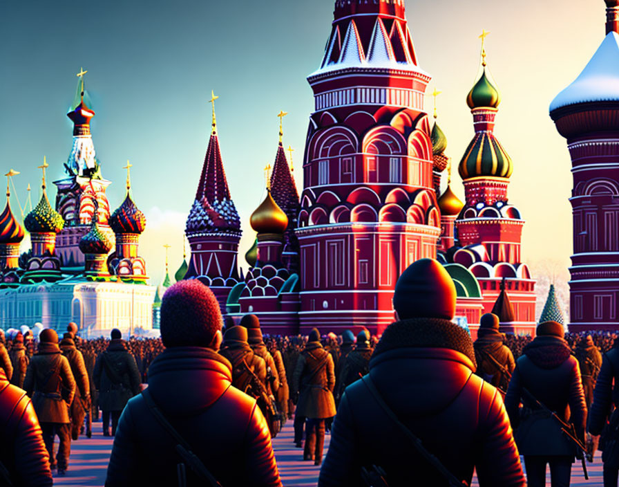 Crowd in winter attire admiring colorful domes of St. Basil's Cathedral at dusk