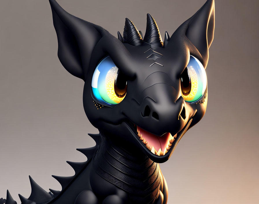 Colorful Cartoon Black Dragon with Expressive Eyes and Playful Smile