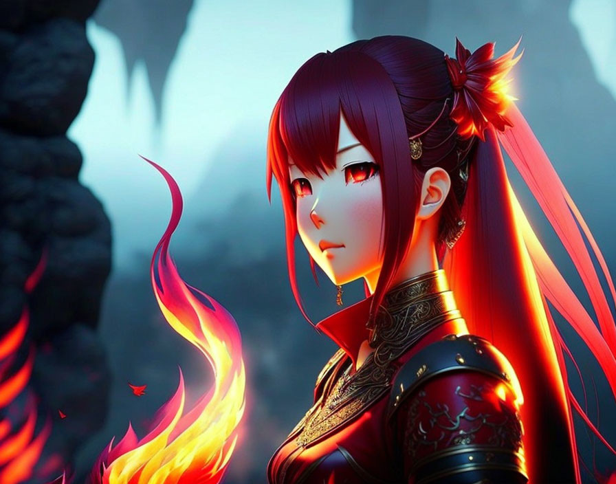 Fiery-haired animated character in traditional armor against volcanic backdrop