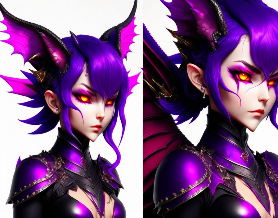 Fantasy character digital artwork: purple skin, yellow eyes, sharp horns, dark armor with violet accents