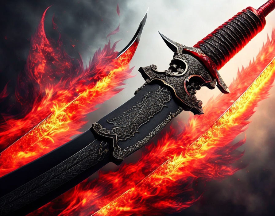 Stylized black sword with ornate hilt in fiery setting