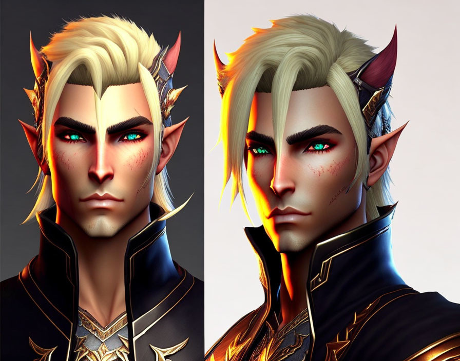 Male fantasy character with pointed ears, golden eyes, blonde hair with red tips, horns, and dark