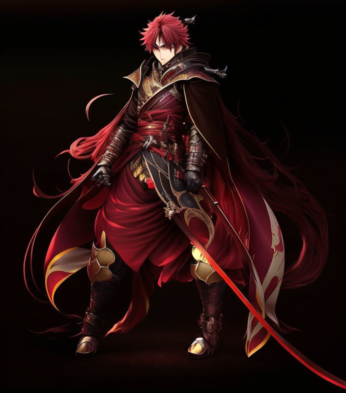 Digital artwork: Character with red hair in armor and cape, holding a sword on dark background