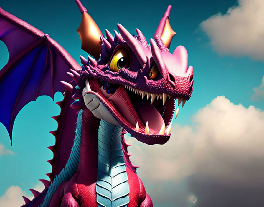 Smiling purple dragon with pink horns and large wings in cloudy blue sky