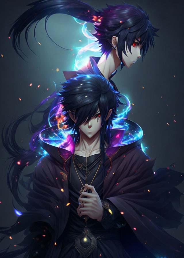 Animated characters in dark attire with glowing hair accents against a dark background, one holding a pendant.