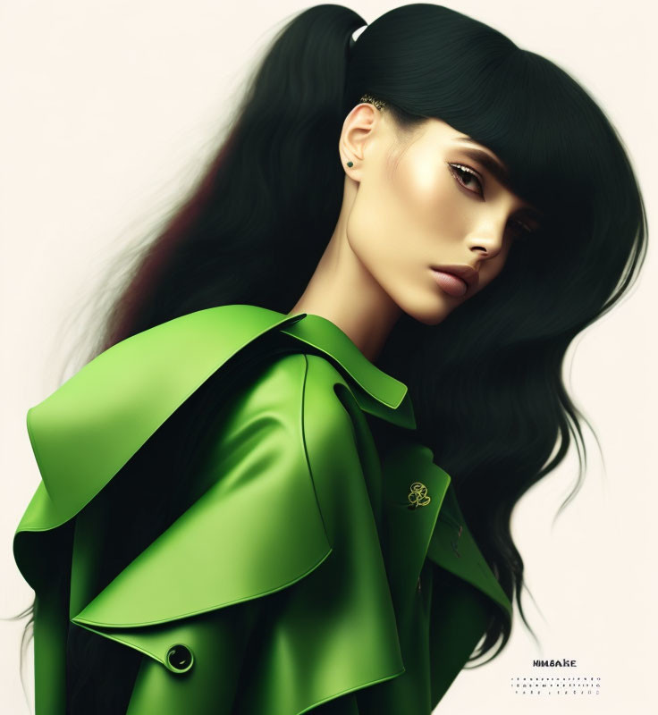 Digital artwork featuring woman with voluminous black hair and green jacket