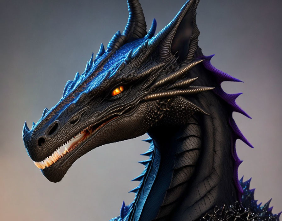 Detailed Dragon Head with Blue Scales and Sharp Horns