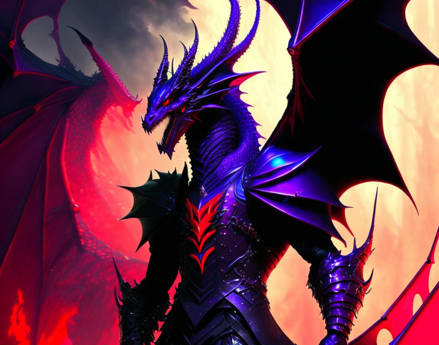 Majestic blue and black dragon in fiery red sky