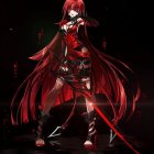 Digital artwork: Character with red hair in armor and cape, holding a sword on dark background