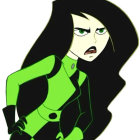 Digital artwork featuring woman with voluminous black hair and green jacket