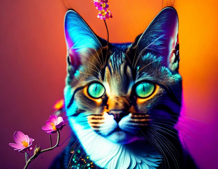 Colorful Digital Artwork: Cat with Green Eyes and Intricate Patterns