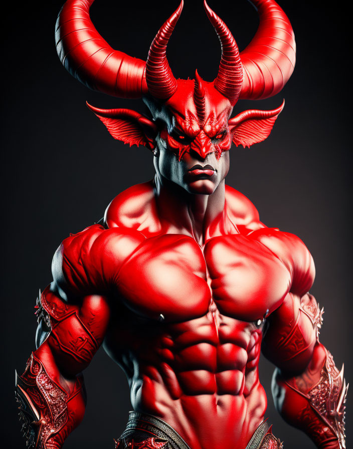 Muscular red demon with curved horns and tattoos on dark background