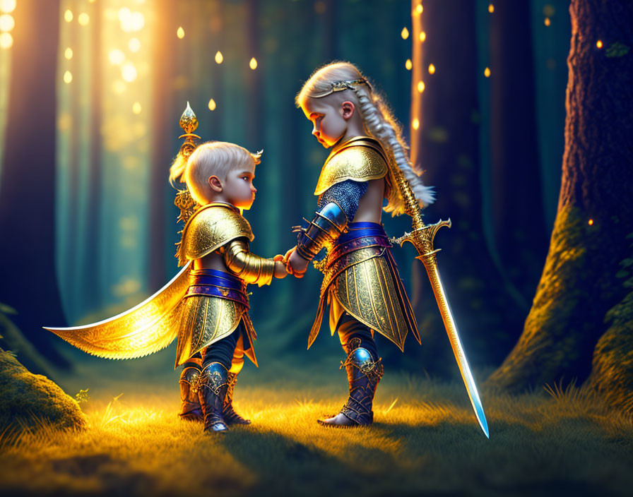 Young warriors in golden armor bonding in mystical forest