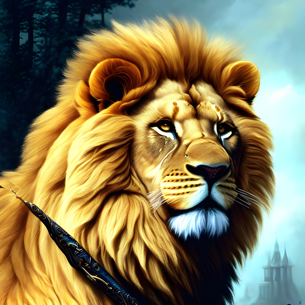 Majestic lion with golden mane in shadowy forest with castle silhouette