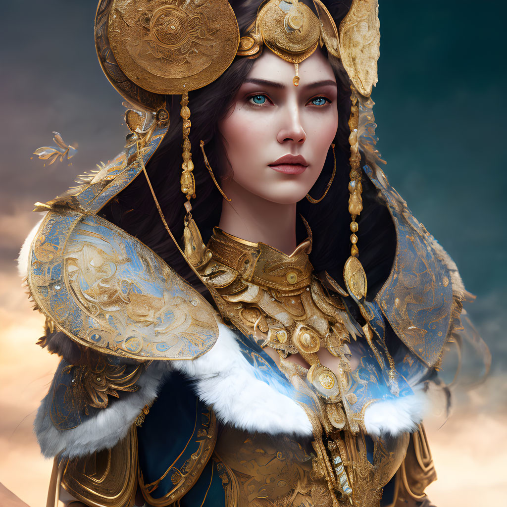 Woman in ornate golden armor with fur trim and blue gem accents