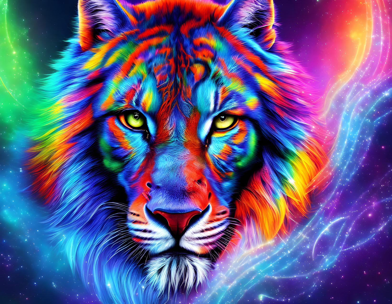 Colorful Tiger Head on Psychedelic Cosmic Background